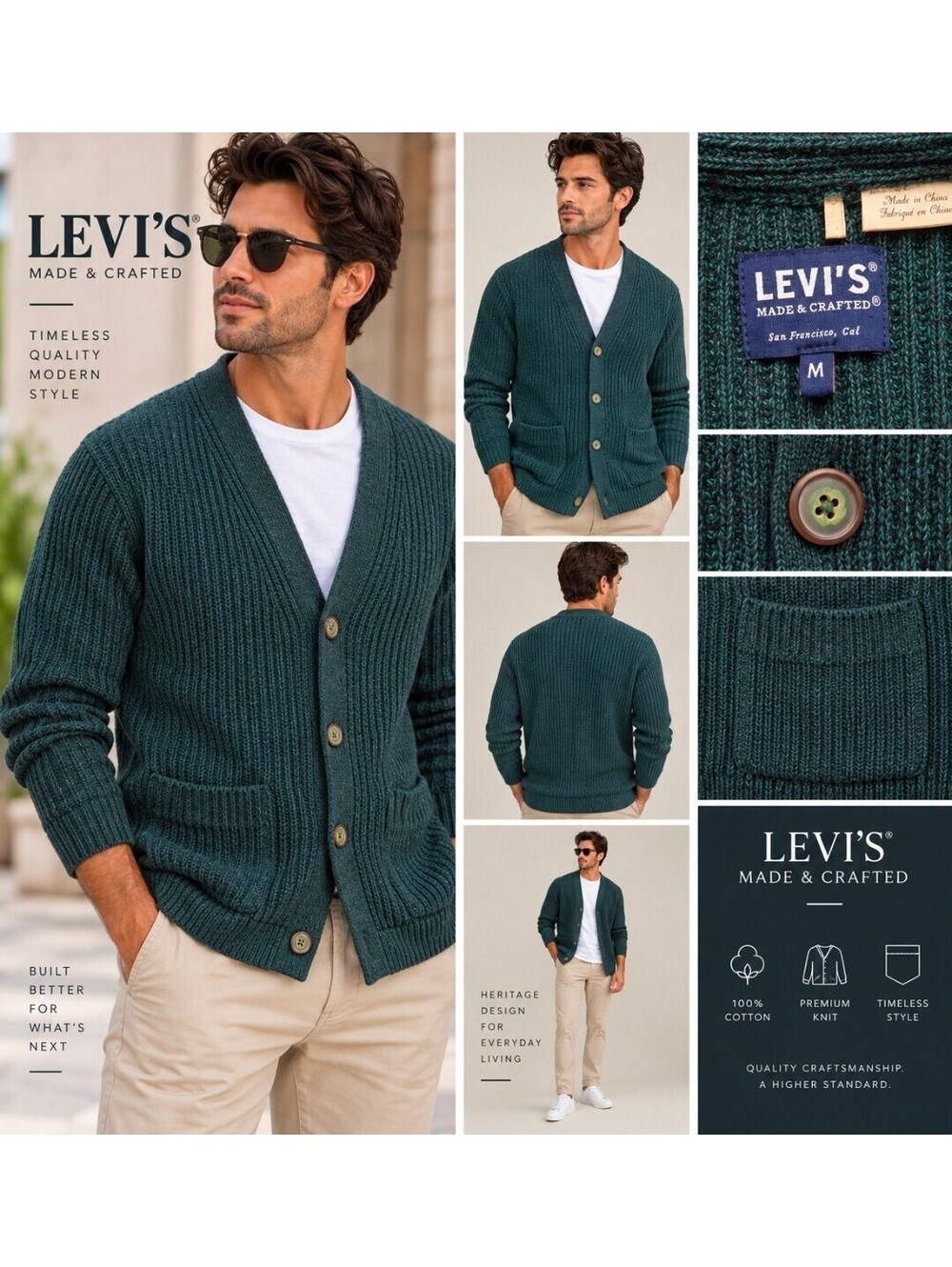 Levi’s Made & Crafted Men’s M Teal Green 100% Cotton Ribbed Cardigan Sweater